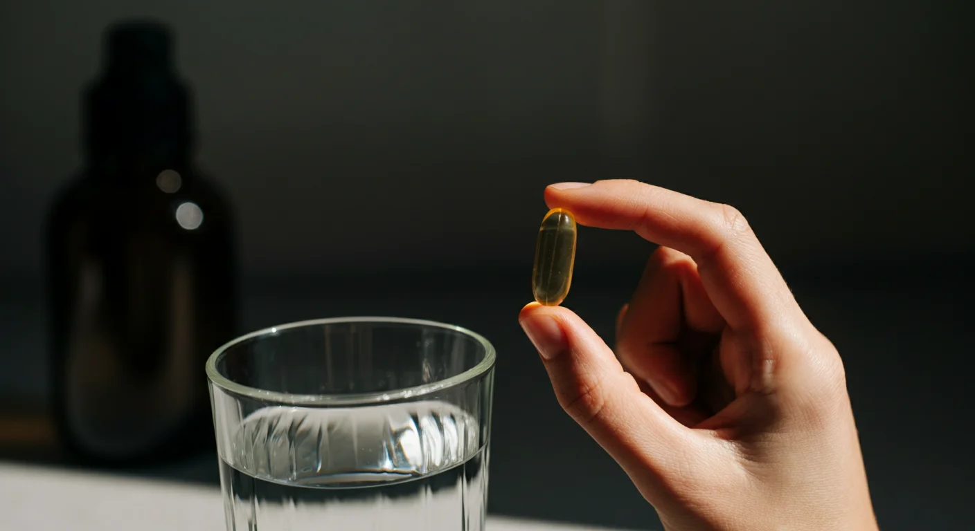 Main tenant une capsule CBD entre deux doigts au-dessus d'un verre d'eau, lumière naturelle douce