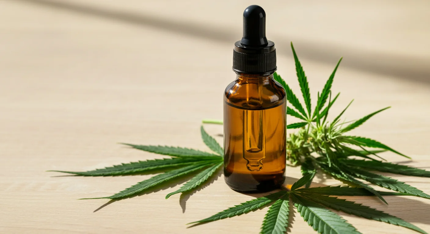 Flacon d'huile de chanvre ambrée entoure de fleurs de cannabis sur une table en bois clair
