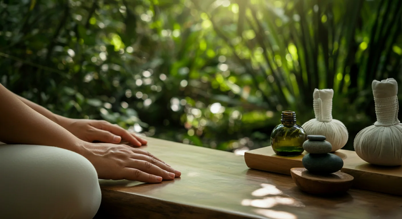 Personne en paix dans un environnement calme et naturel, lumière douce, ambiance sérénité et bien-être auditif