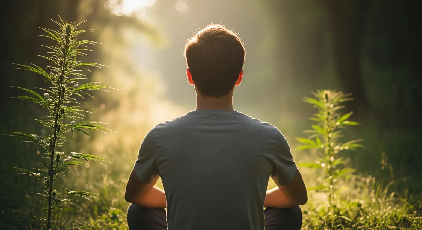 Personne sereine dans un cadre naturel verdoyant evoquant la liberation et le bien-etre