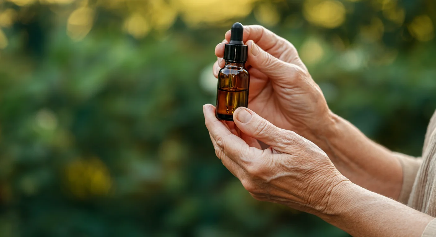 Mains d'une personne âgée tenant un flacon d'huile CBD, lumière naturelle douce, ambiance apaisante et bien-être
