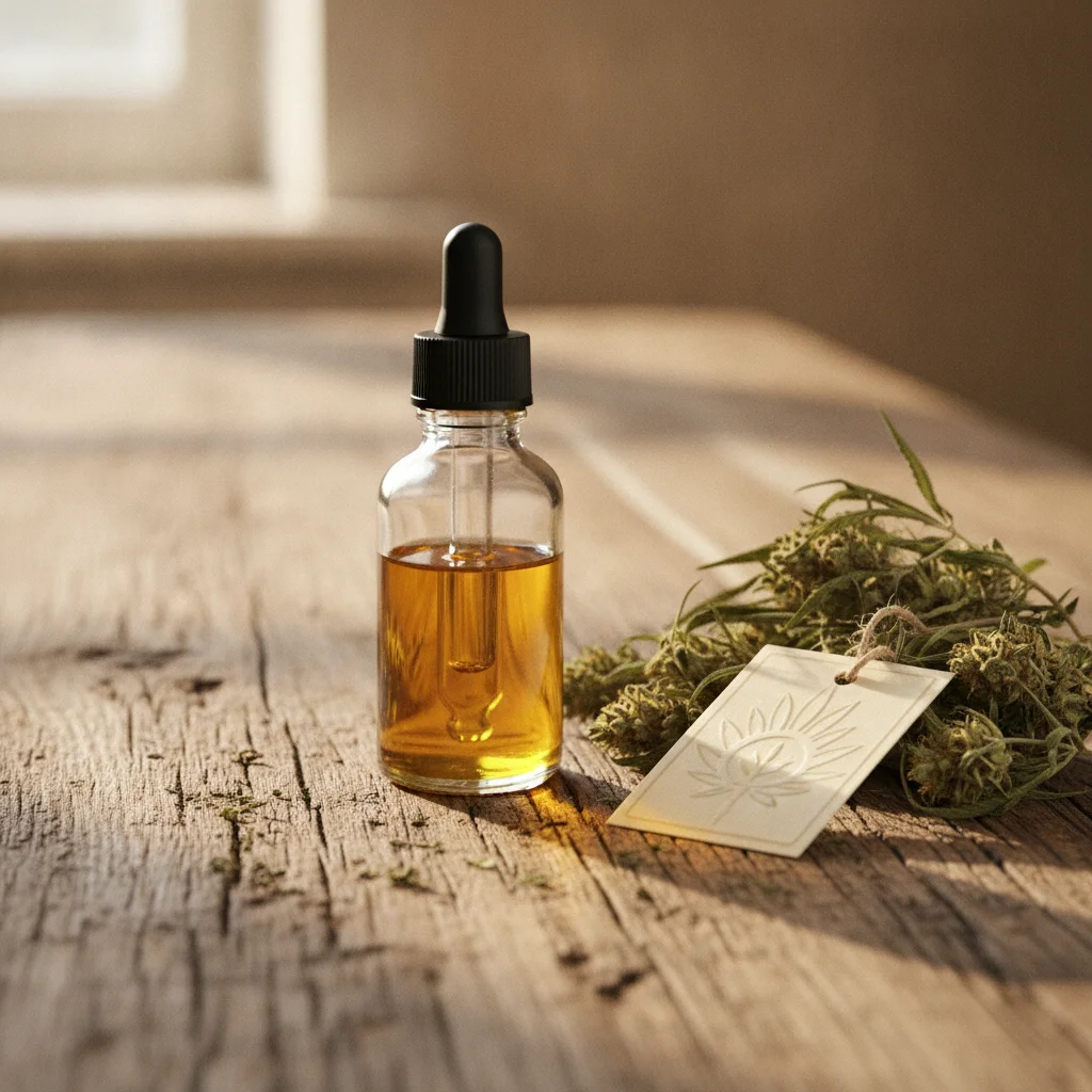 Flacon d'huile de CBD posé sur une table en bois avec des fleurs de chanvre séchées et une étiquette de certification, lumière douce naturelle