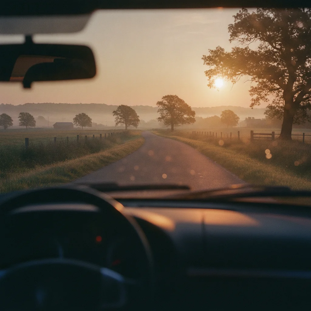 Route de campagne vue depuis l'interieur d'une voiture au lever du soleil, ambiance calme et matinale