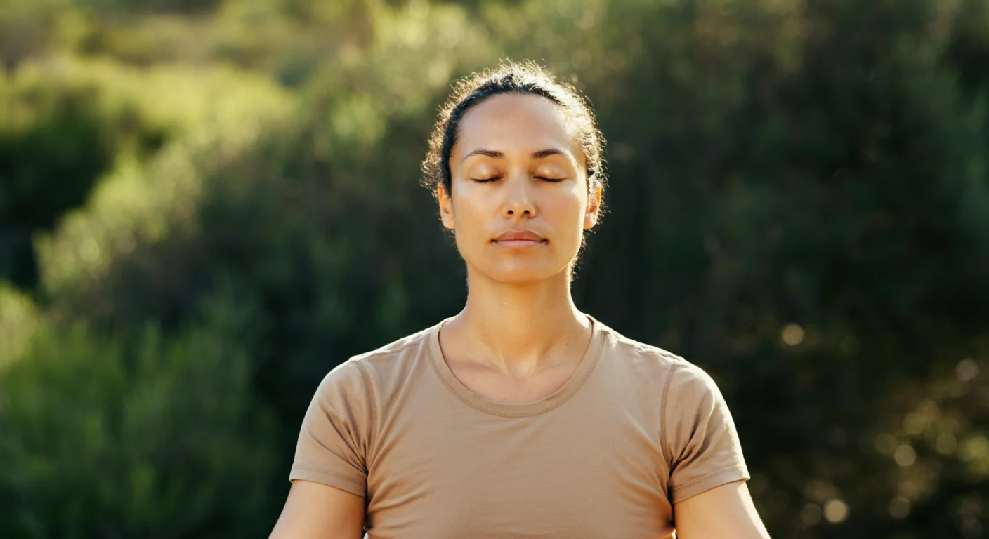 Personne sereine meditant dans un environnement naturel lumineux, evoquant le bien-etre mental et l'equilibre emotionnel