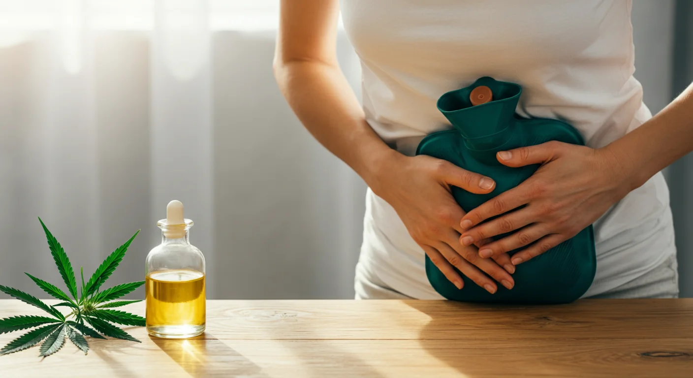 Femme se tenant le ventre avec une bouillotte, flacon d'huile CBD sur une table en bois, lumière naturelle douce, ambiance bien-être