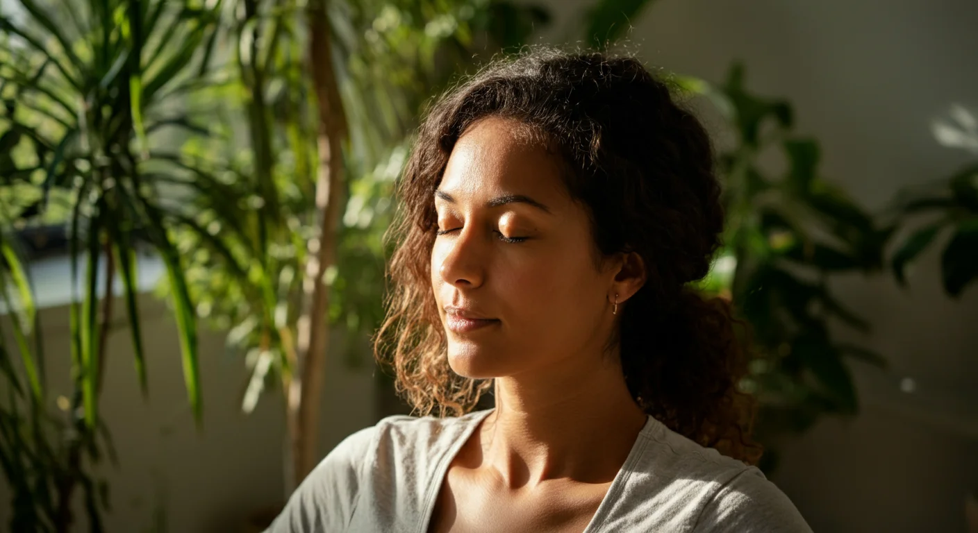 Personne sereine dans un environnement naturel apaisant, evoquant le soulagement des douleurs chroniques