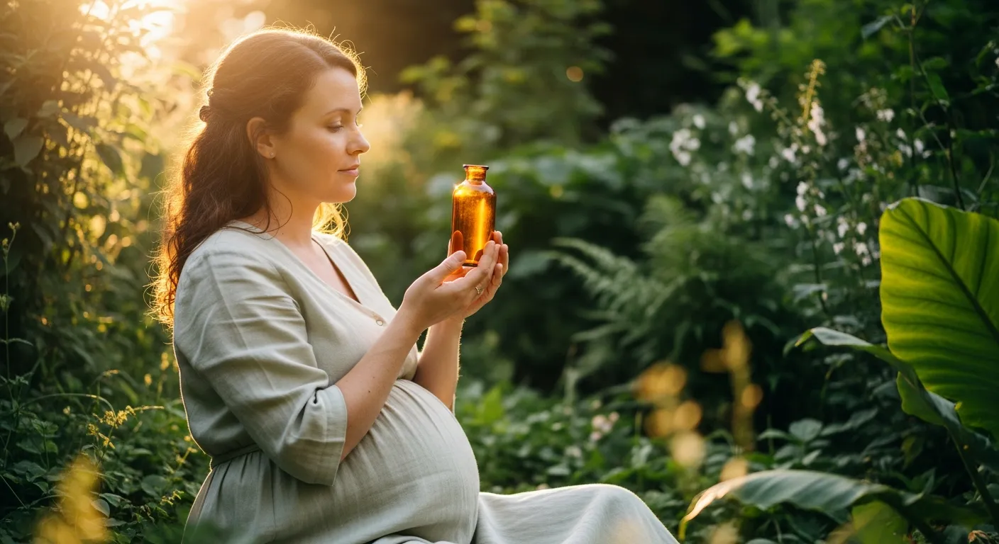 Femme enceinte sereine assise dans un jardin ensoleillé tenant un petit flacon ambré, lumière douce naturelle, plantes vertes en arrière-plan
