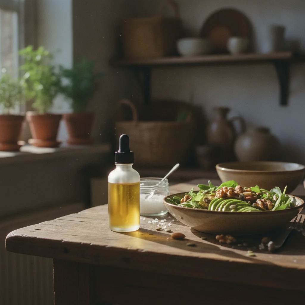 Flacon compte-gouttes d'huile CBD posé sur une table en bois à côté d'un petit-déjeuner avec des aliments gras