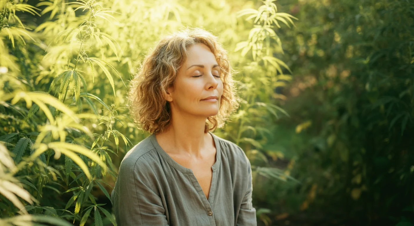Femme sereine dans un environnement naturel lumineux, evoquant le bien-etre et l'equilibre pendant la menopause