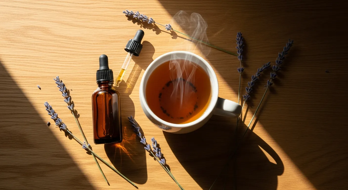 Flacon d'huile CBD ambré posé sur un bureau en bois avec une tasse de tisane et des brins de lavande, lumière douce du matin