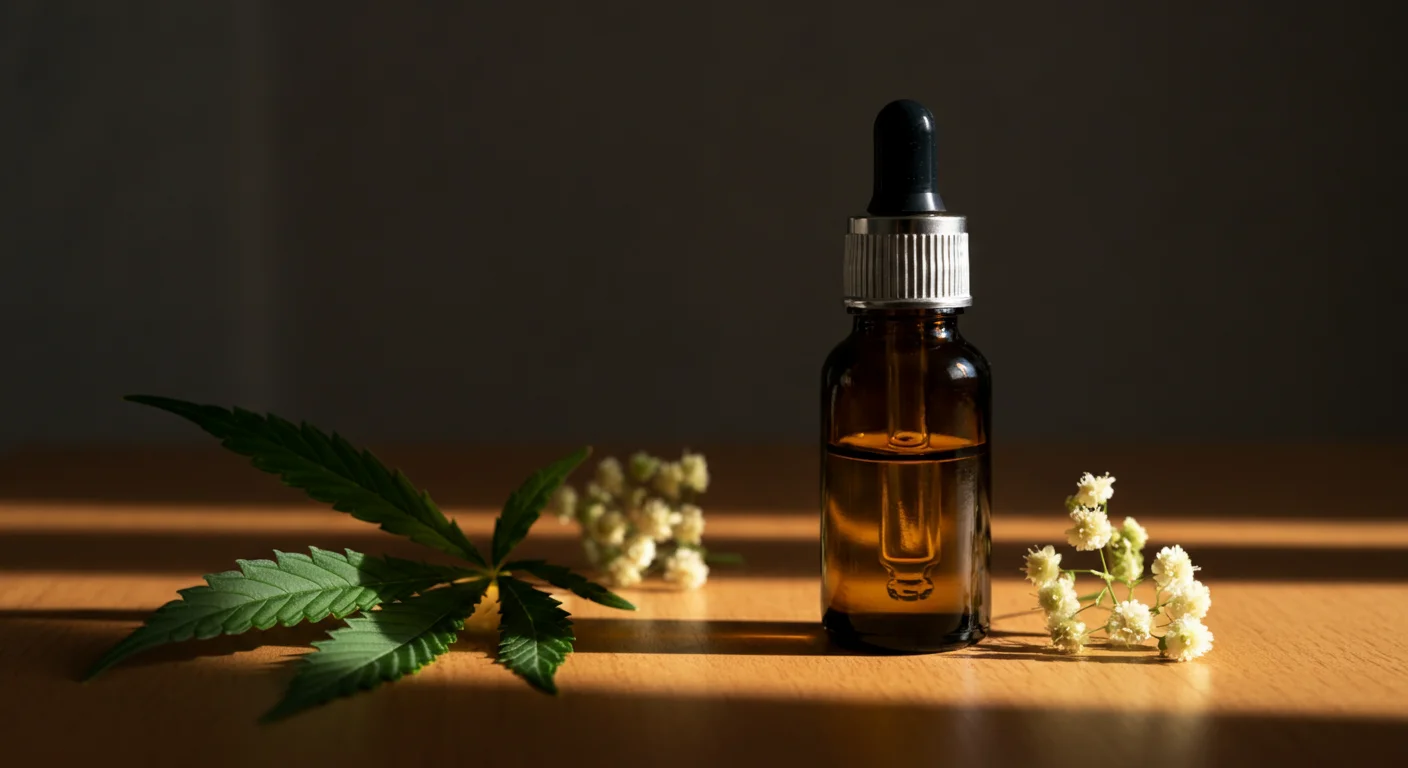 Flacon d'huile CBD posé sur une surface en bois avec des feuilles vertes et une lumière naturelle douce, ambiance bien-être et sérénité