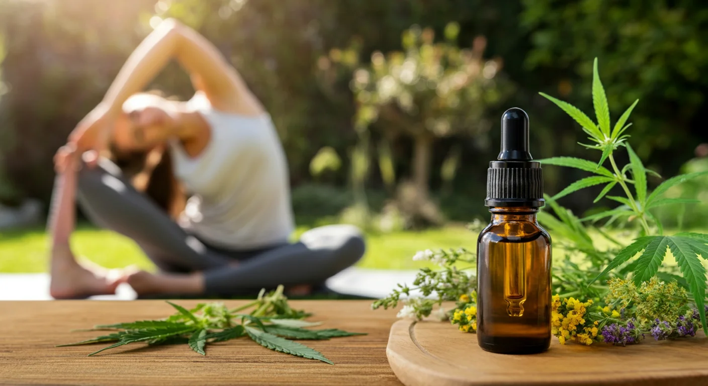 Femme en tenue de sport faisant du yoga au soleil avec un flacon d'huile CBD sur une table en bois, style bien-être naturel