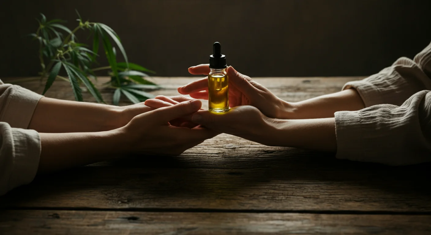Mains posées sur une table en bois avec un flacon d'huile CBD et des plantes vertes, lumière naturelle douce, ambiance bien-être et sérénité