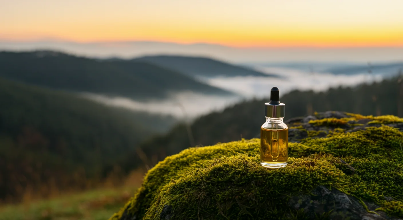 Flacon d'huile CBD posé sur un rocher avec vue sur un paysage de montagne calme et brumeux, ambiance apaisante et sérénité naturelle