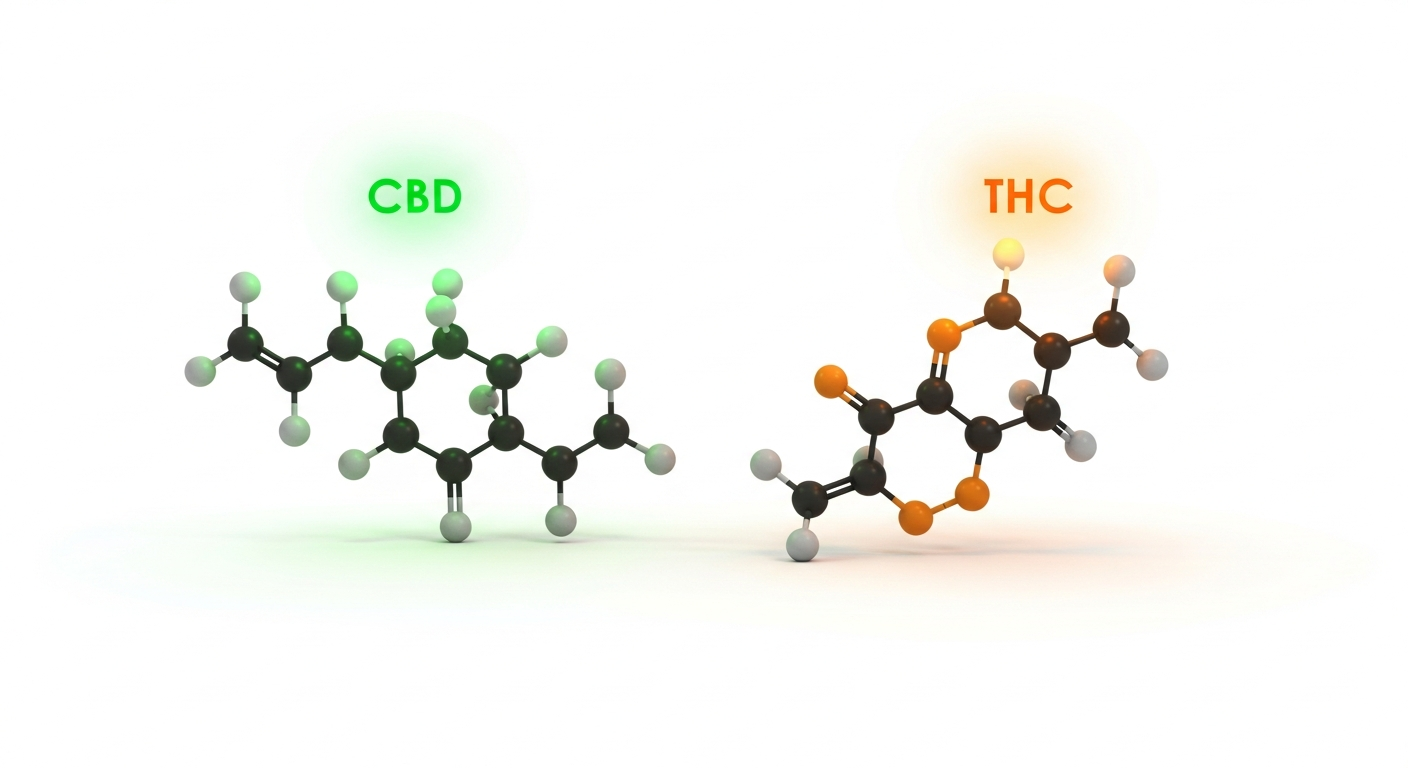 Illustration scientifique comparant les molecules de CBD et THC cote a cote avec des lumieres verte et ambree