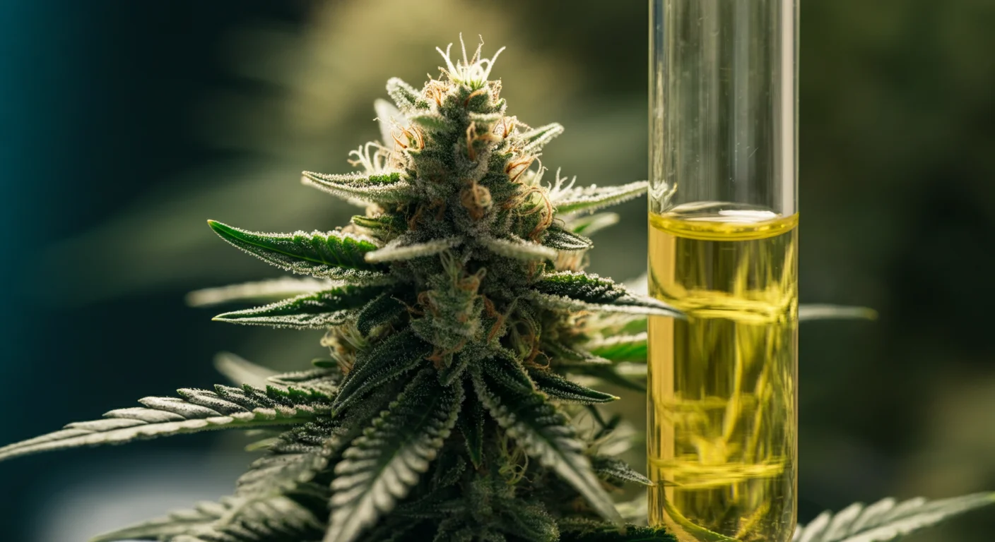 Gros plan sur des trichomes givrés d'une fleur de chanvre fraîchement récoltée avec un extrait liquide en arrière-plan