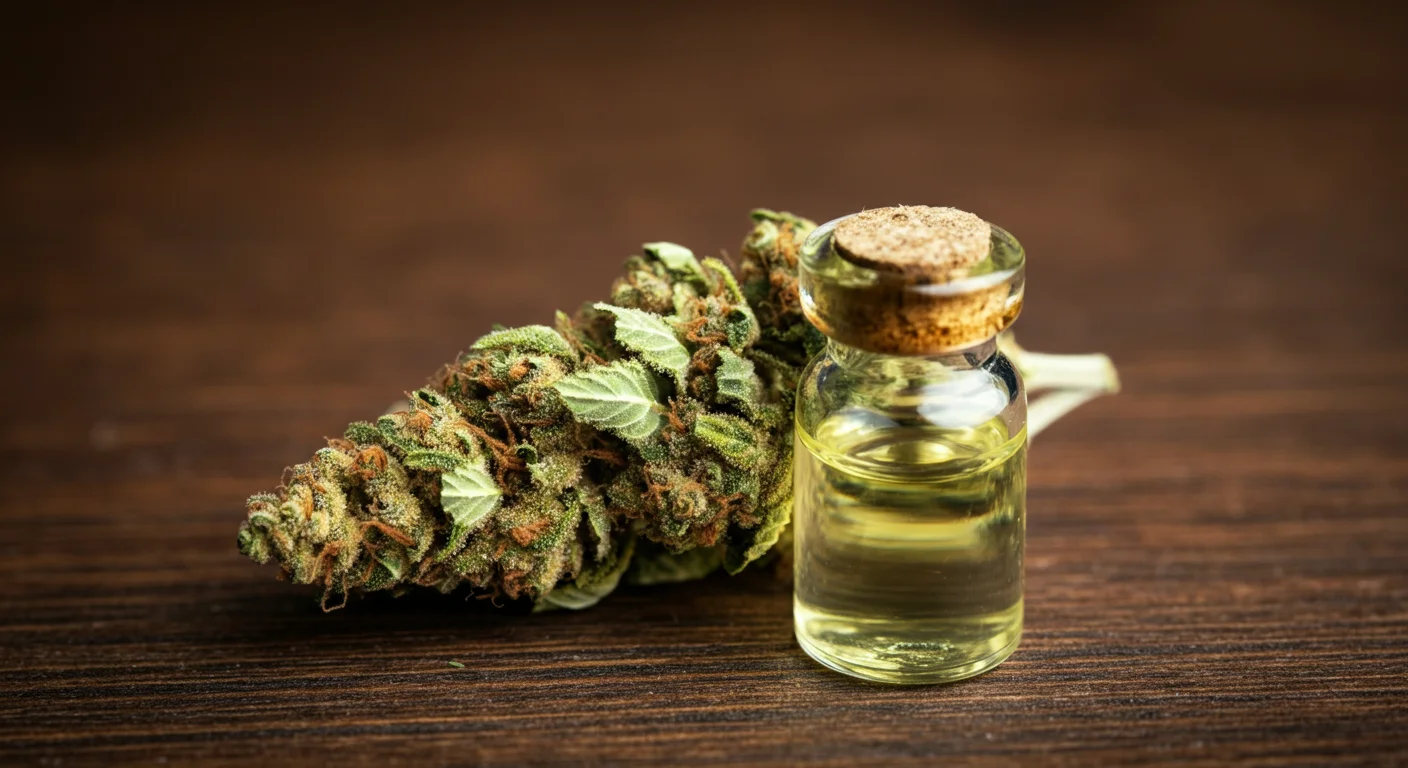 Gros plan sur des trichomes givres d'une fleur de chanvre a cote d'un flacon d'extrait sur bois fonce