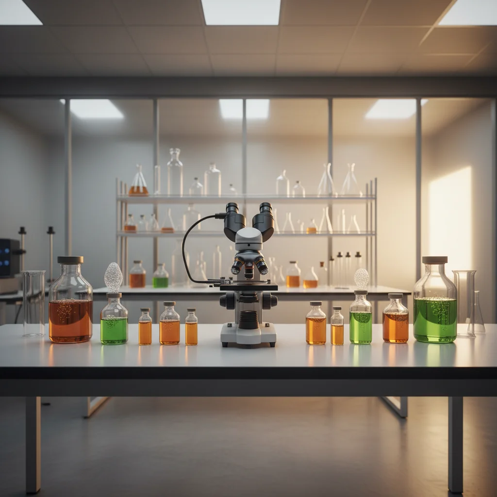 Laboratoire d'analyse avec des flacons d'extraits de chanvre et un microscope sur une paillasse