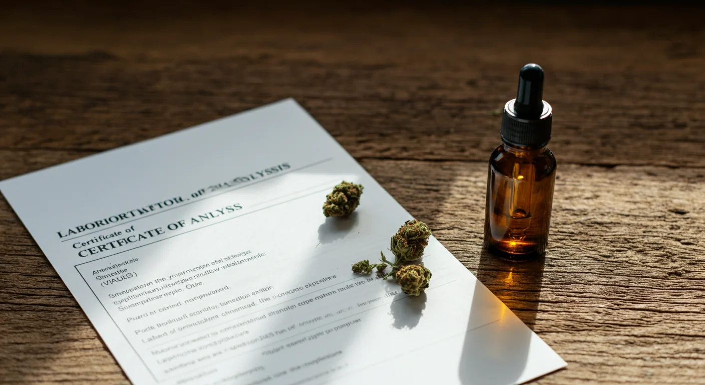 Document de certificat d'analyse laboratoire pose a cote d'un flacon d'huile CBD et de fleurs de chanvre sur une table en bois