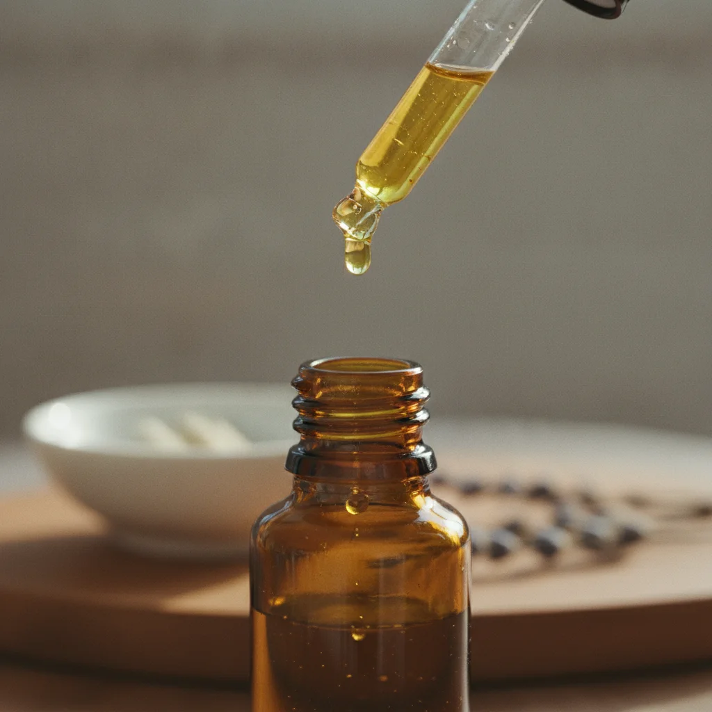 Gouttes d'huile CBD dorée tombant d'une pipette compte-gouttes au-dessus d'un flacon en verre