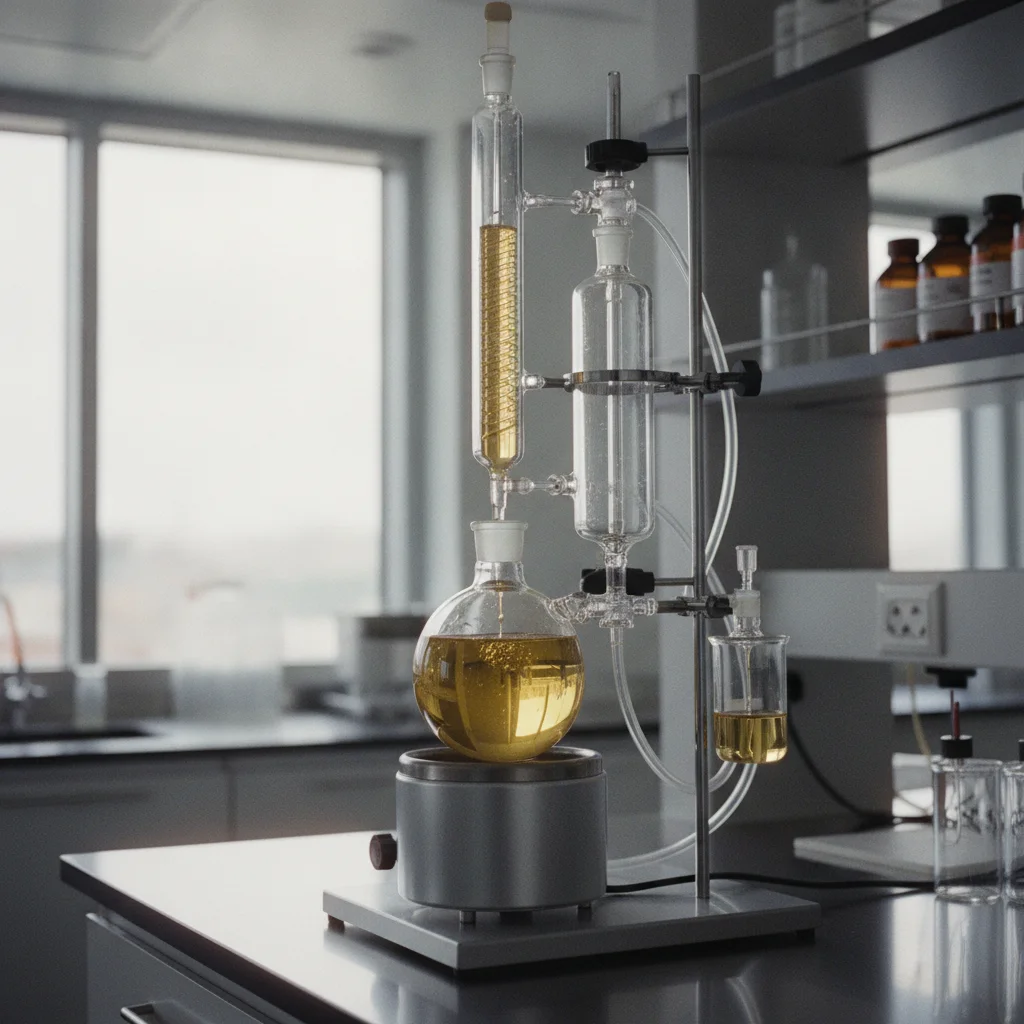 Appareil de distillation à trajet court en laboratoire avec ballon de verre et liquide doré