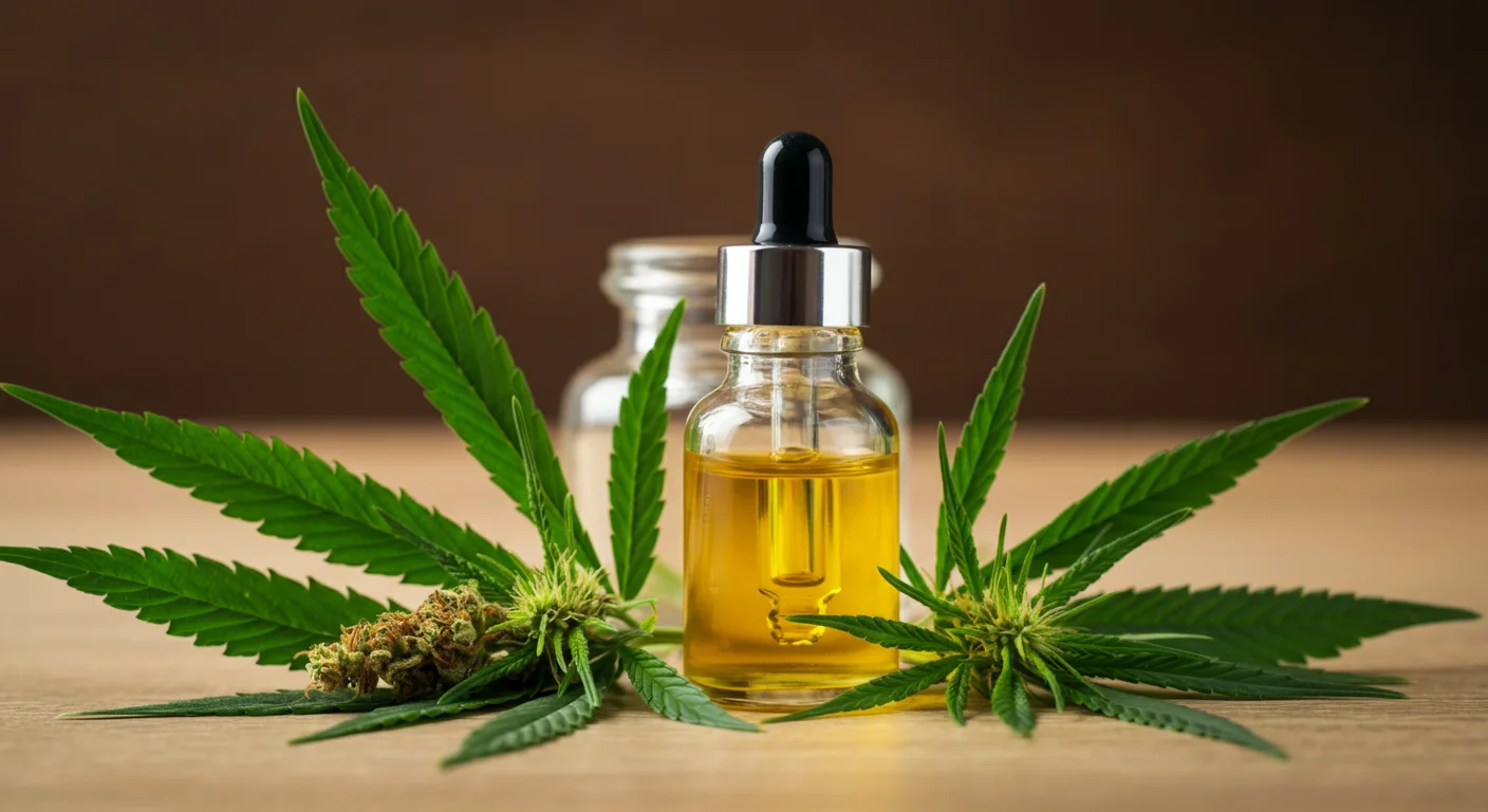 Flacon d'huile de CBD entouré de fleurs de chanvre fraîches et de feuilles vertes sur une table en bois naturel