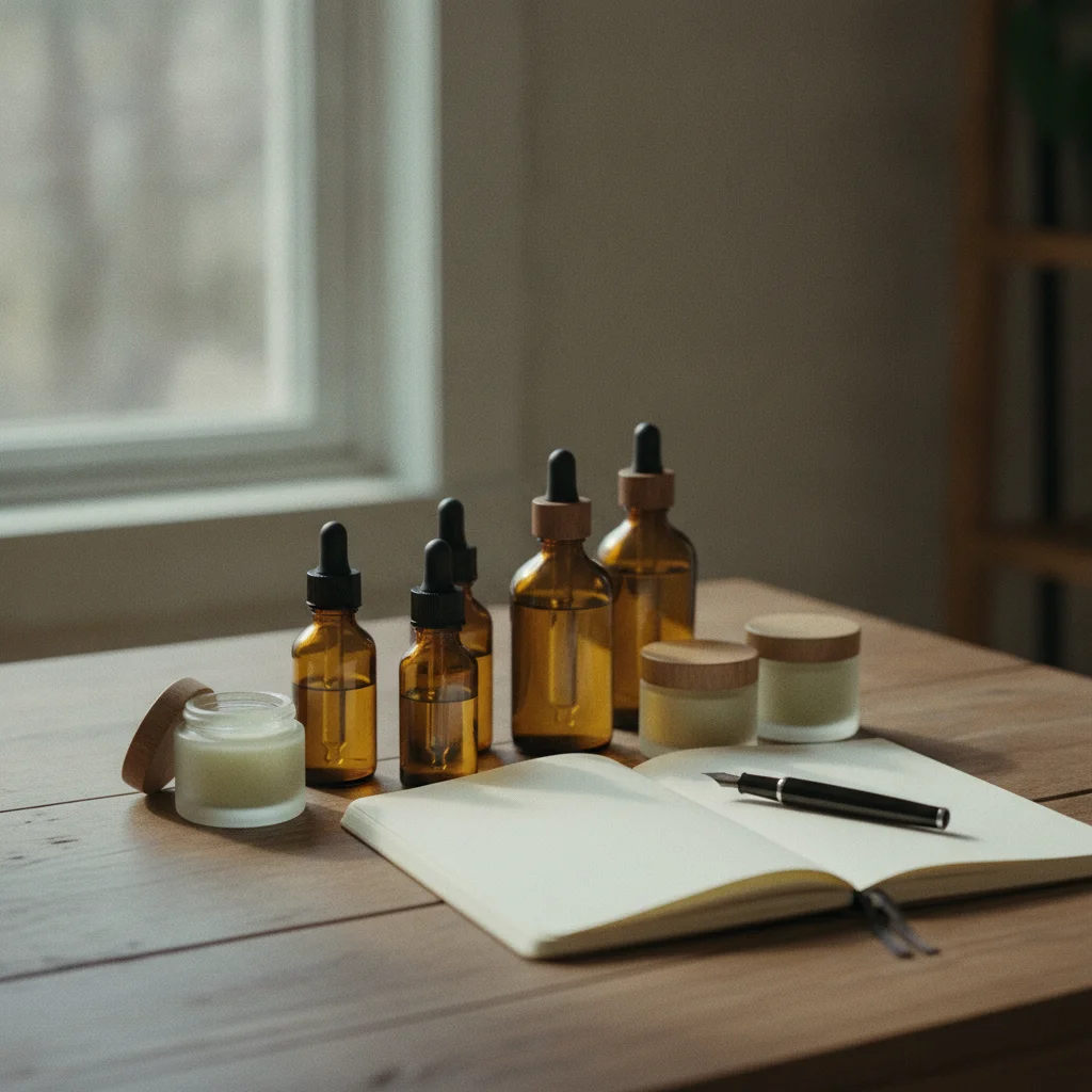 Flacons et bocaux de CBD disposés sur une table en bois avec un carnet de notes, pour comparer avant d'acheter