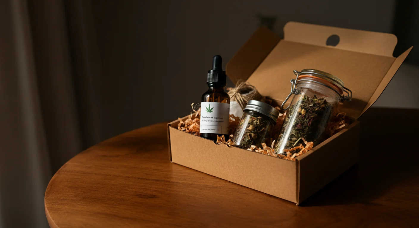 Coffret cadeau bien-être avec flacon d'huile, bocal en verre et emballage naturel sur une table en bois