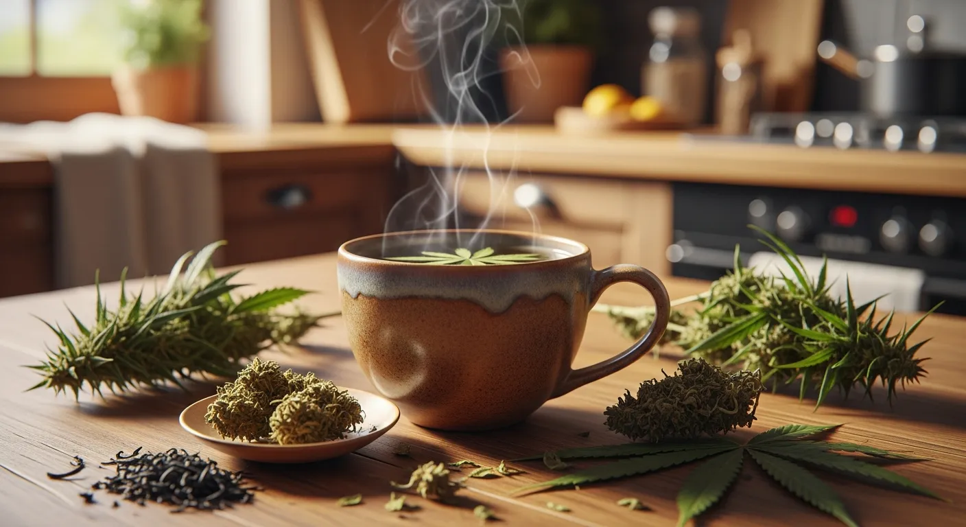 Infusion CBD dans une tasse en céramique avec des fleurs de chanvre
