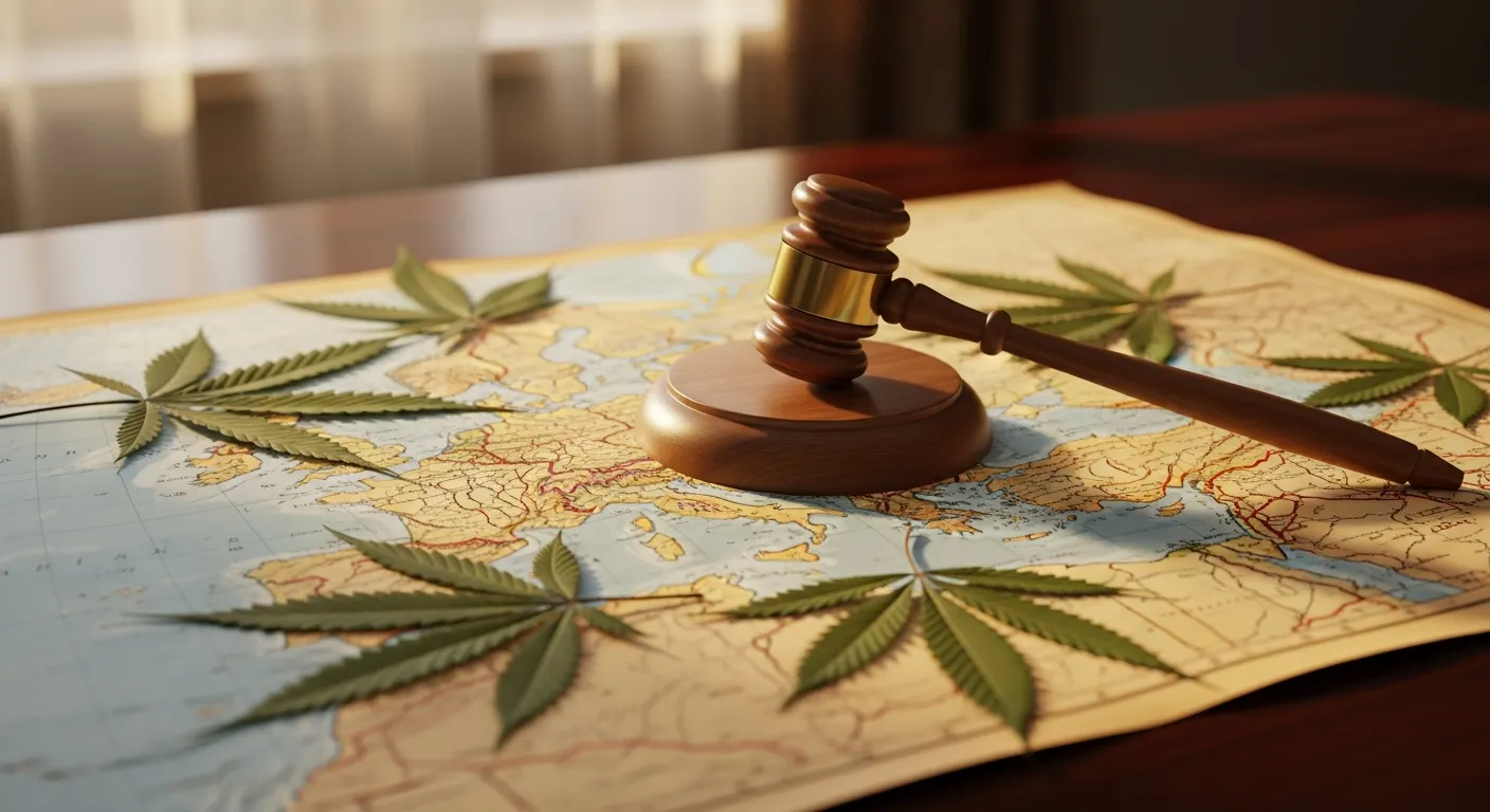 Carte de l'Europe avec des feuilles de chanvre et des symboles juridiques représentant la législation CBD
