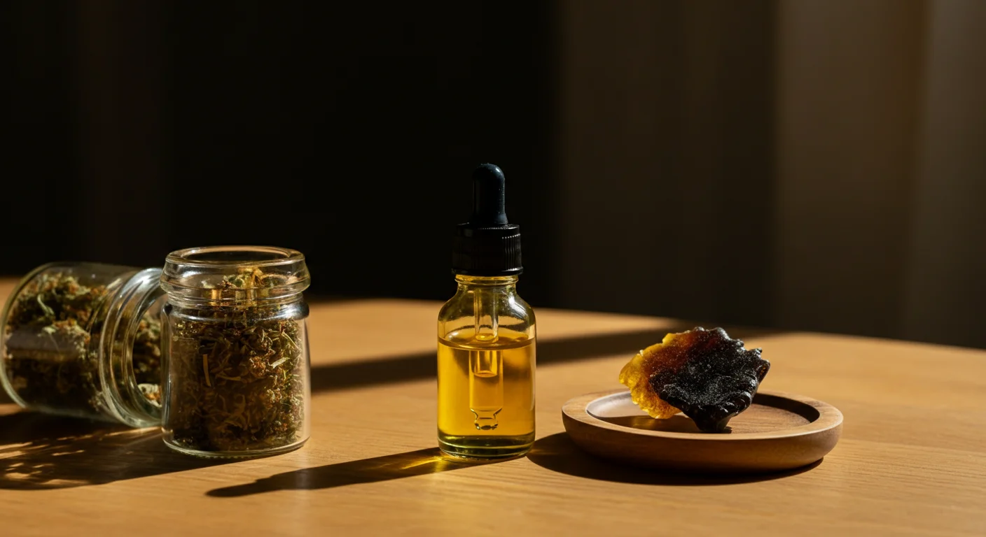 Fleurs séchées, résine et flacon d'huile CBD présentés côte à côte sur une table en bois