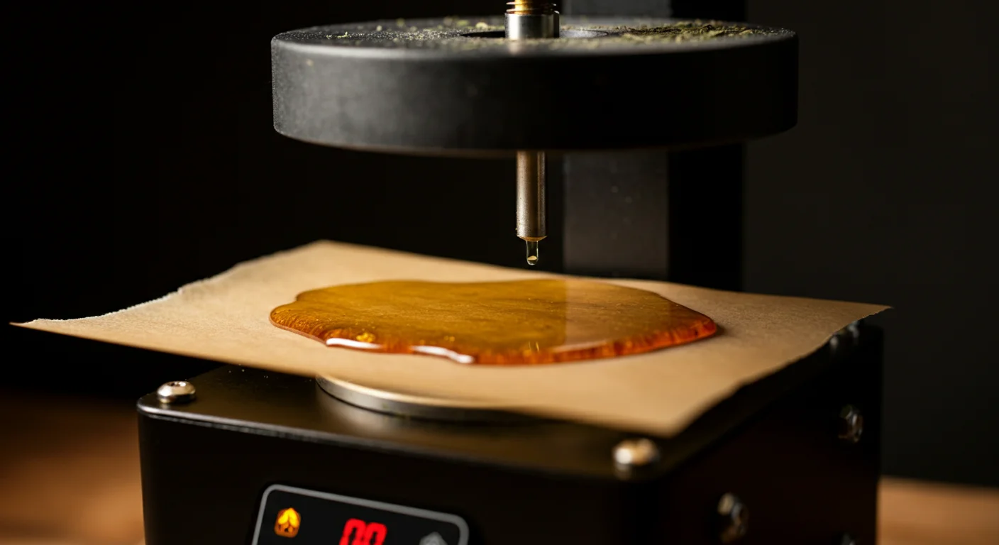 Presse artisanale extrayant une résine dorée entre deux feuilles de papier sulfurisé, gros plan macro