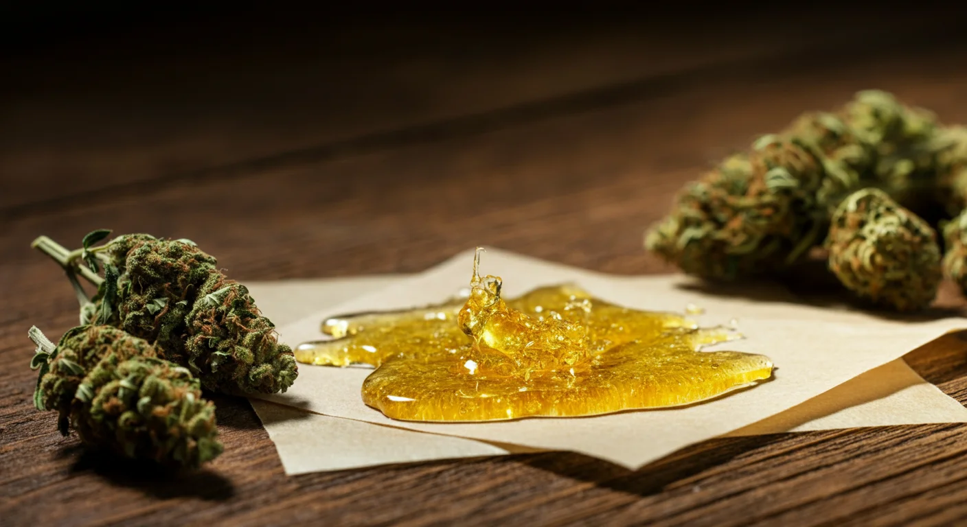 Résine de rosin CBD dorée et translucide sur du papier sulfurisé, à côté de fleurs de chanvre