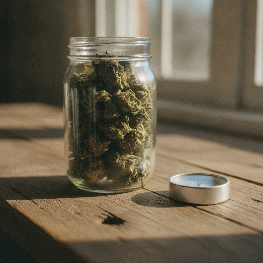 Fleurs de chanvre CBD affinées dans un bocal en verre avec un petit hygromètre posé sur une table en bois