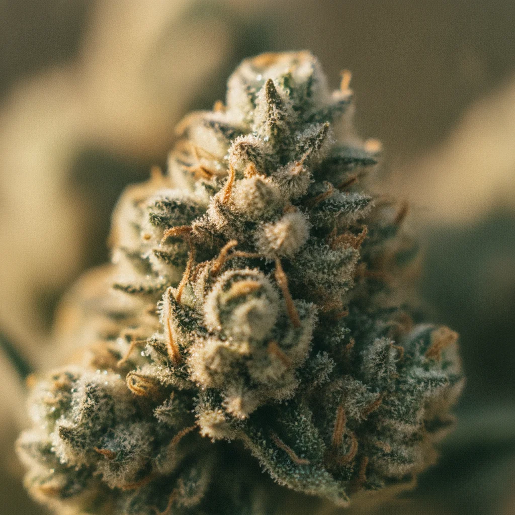 Gros plan sur des têtes de fleurs de chanvre couvertes de trichomes