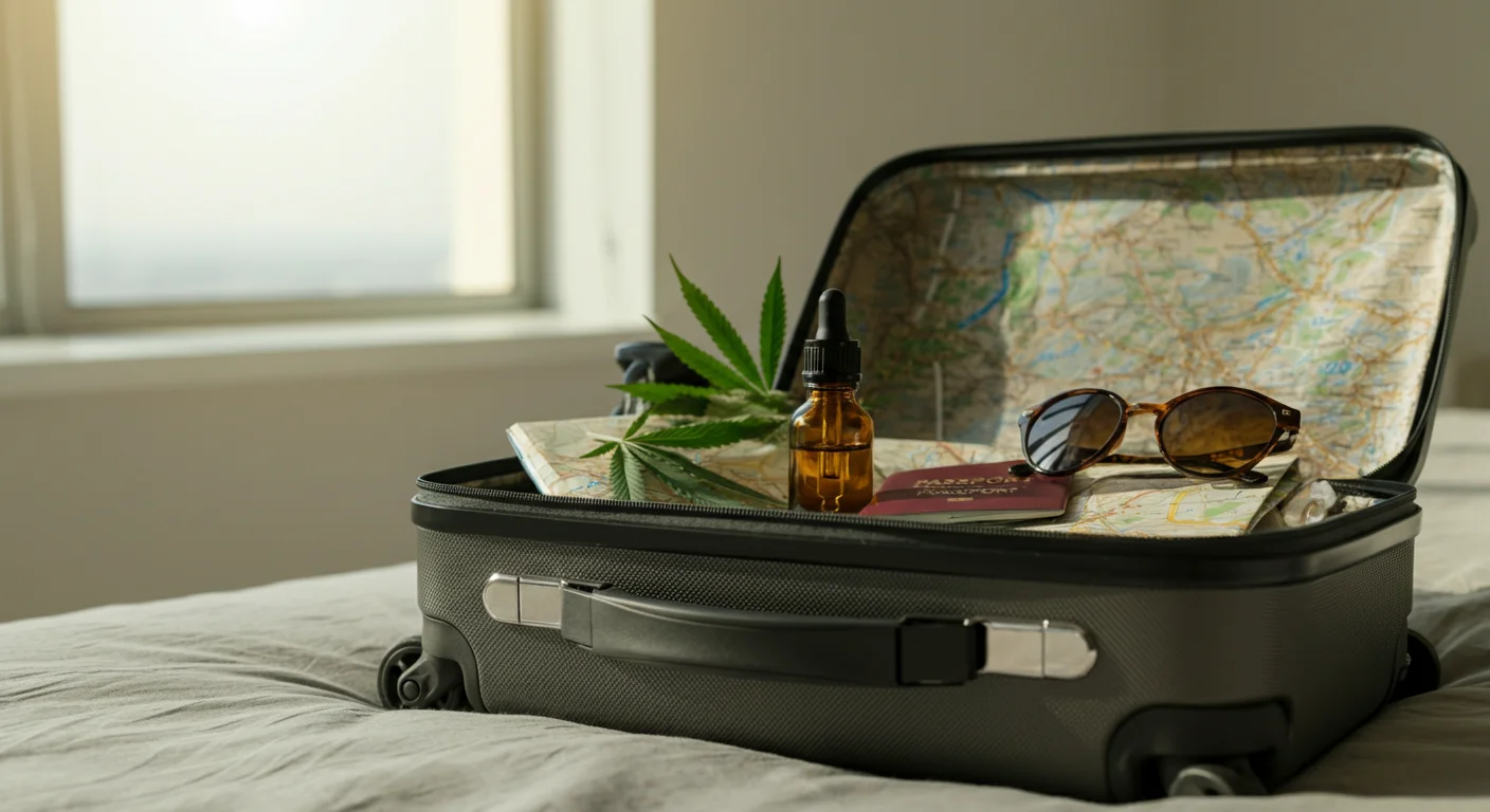 Valise de voyage ouverte avec un flacon d'huile CBD, un passeport et des lunettes de soleil, ambiance aeroport lumineuse